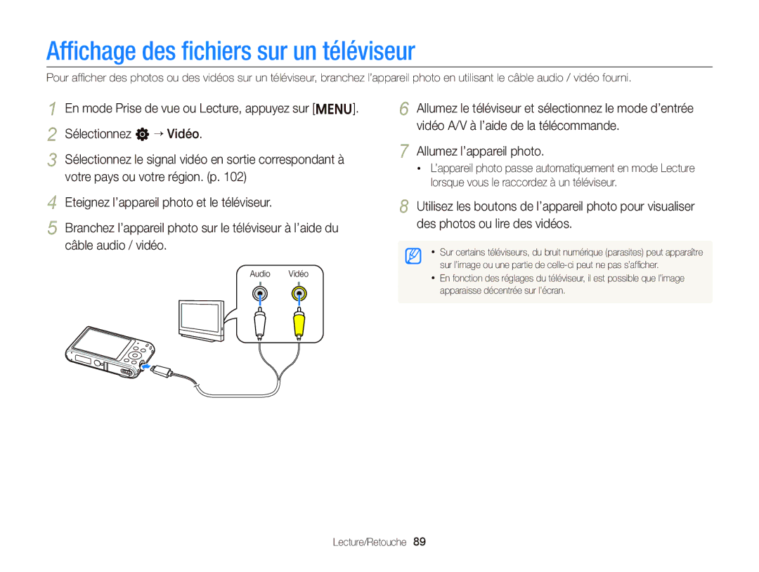 Samsung EC-ST66ZZBPBE1, EC-ST66ZZFPRFR, EC-ST66ZZFPBFR, EC-ST66ZZBPSE1, EC-ST66ZZFPPFR Afﬁchage des ﬁchiers sur un téléviseur 