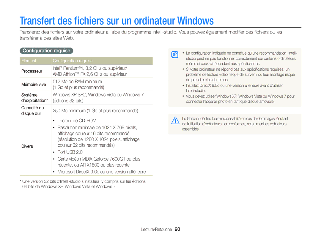 Samsung EC-ST66ZZFPRFR, EC-ST66ZZFPBFR Transfert des ﬁchiers sur un ordinateur Windows, Elément Conﬁguration requise 