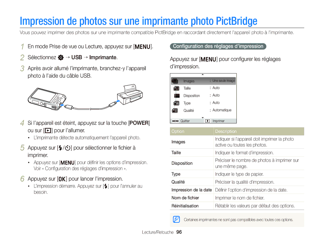 Samsung EC-ST66ZZBPBE1 Impression de photos sur une imprimante photo PictBridge, Appuyez sur o pour lancer l’impression 