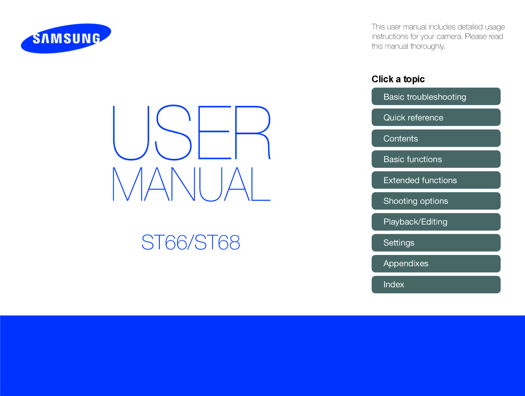 Samsung EC-ST76ZZBPBE1, EC-ST66ZZFPRFR, EC-ST66ZZFPBFR, EC-ST66ZZBPSE1, EC-ST66ZZFPPFR manual Click a topic, Appendixes Index 