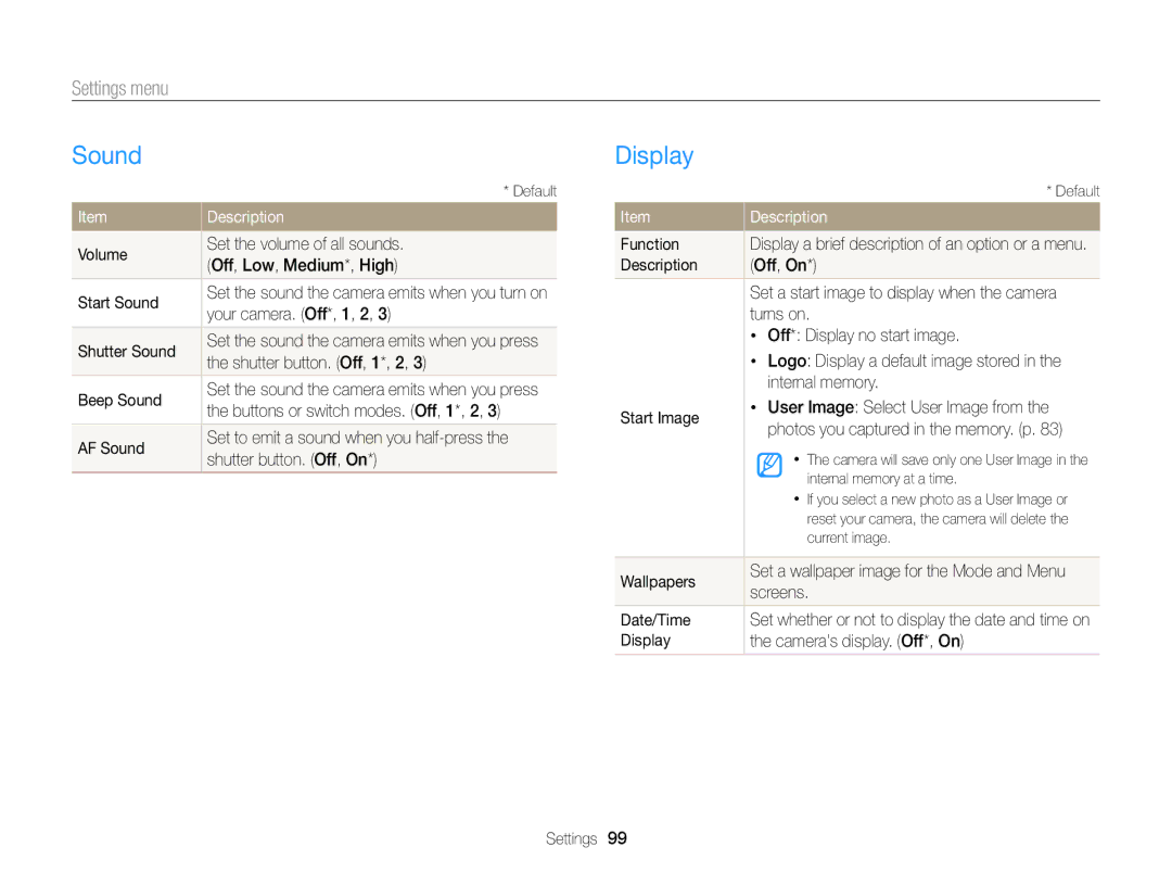 Samsung EC-ST76ZZHPLME, EC-ST66ZZFPRFR, EC-ST76ZZBPBE1, EC-ST66ZZFPBFR, EC-ST66ZZBPSE1 manual Sound, Display, Settings menu 