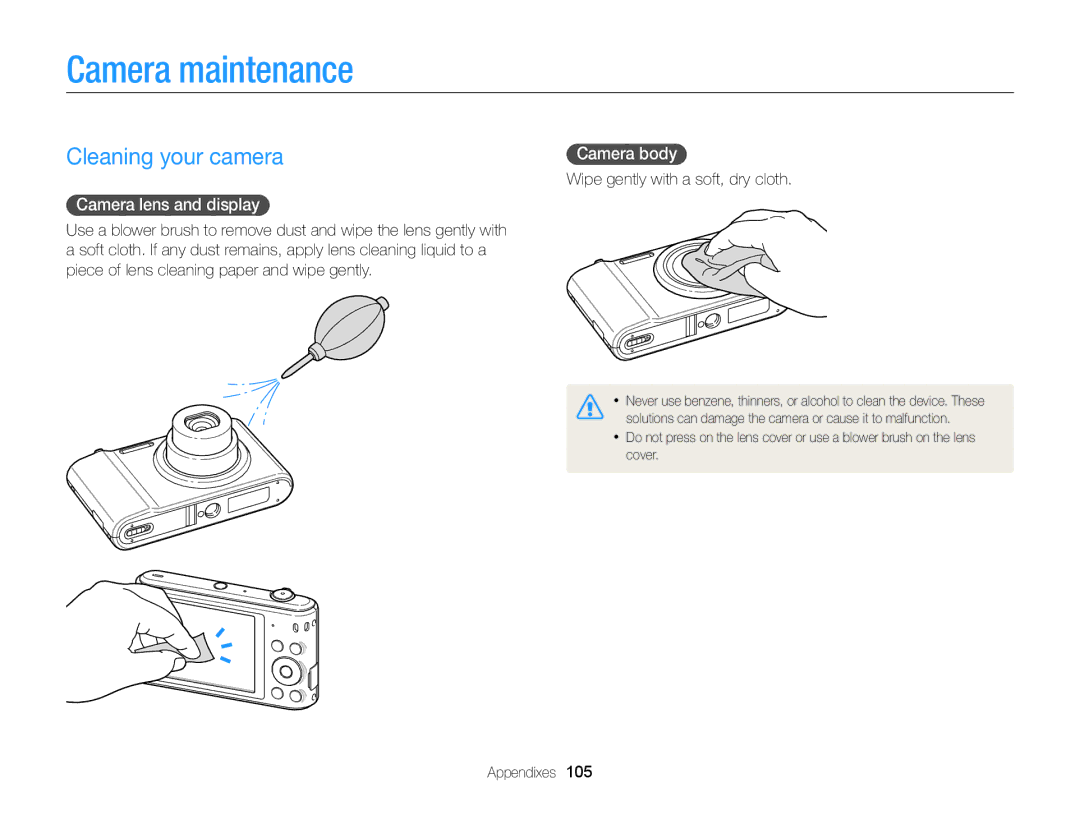 Samsung EC-ST68ZZHPPIR, EC-ST66ZZFPRFR manual Camera maintenance, Cleaning your camera, Camera lens and display, Camera body 