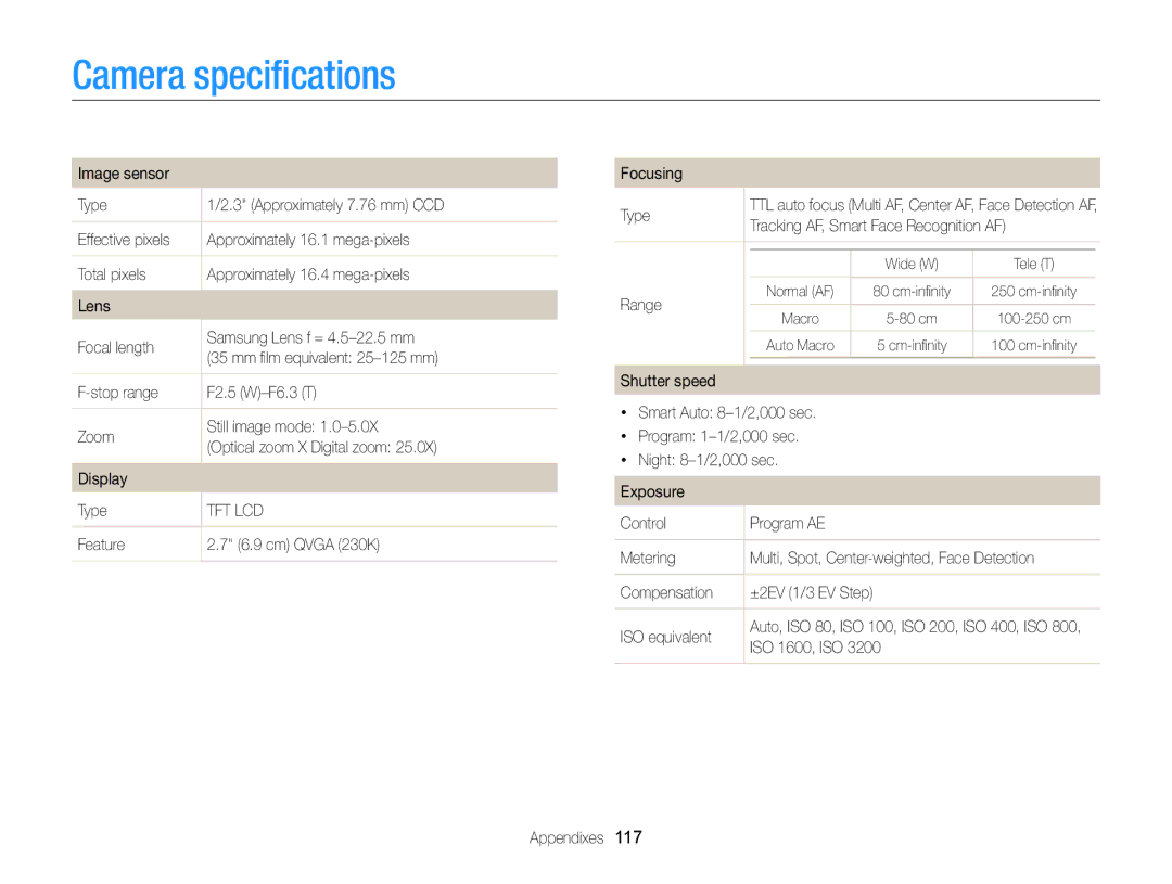 Samsung EC-ST66ZZFDBVN, EC-ST66ZZFPRFR, EC-ST76ZZBPBE1, EC-ST66ZZFPBFR, EC-ST66ZZBPSE1, EC-ST66ZZFPPFR Camera speciﬁcations 