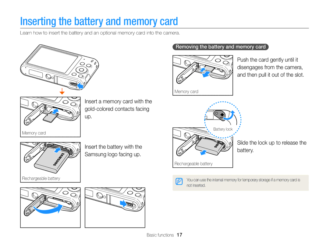 Samsung EC-ST66ZZFPSIL, EC-ST66ZZFPRFR Inserting the battery and memory card, Slide the lock up to release the battery 