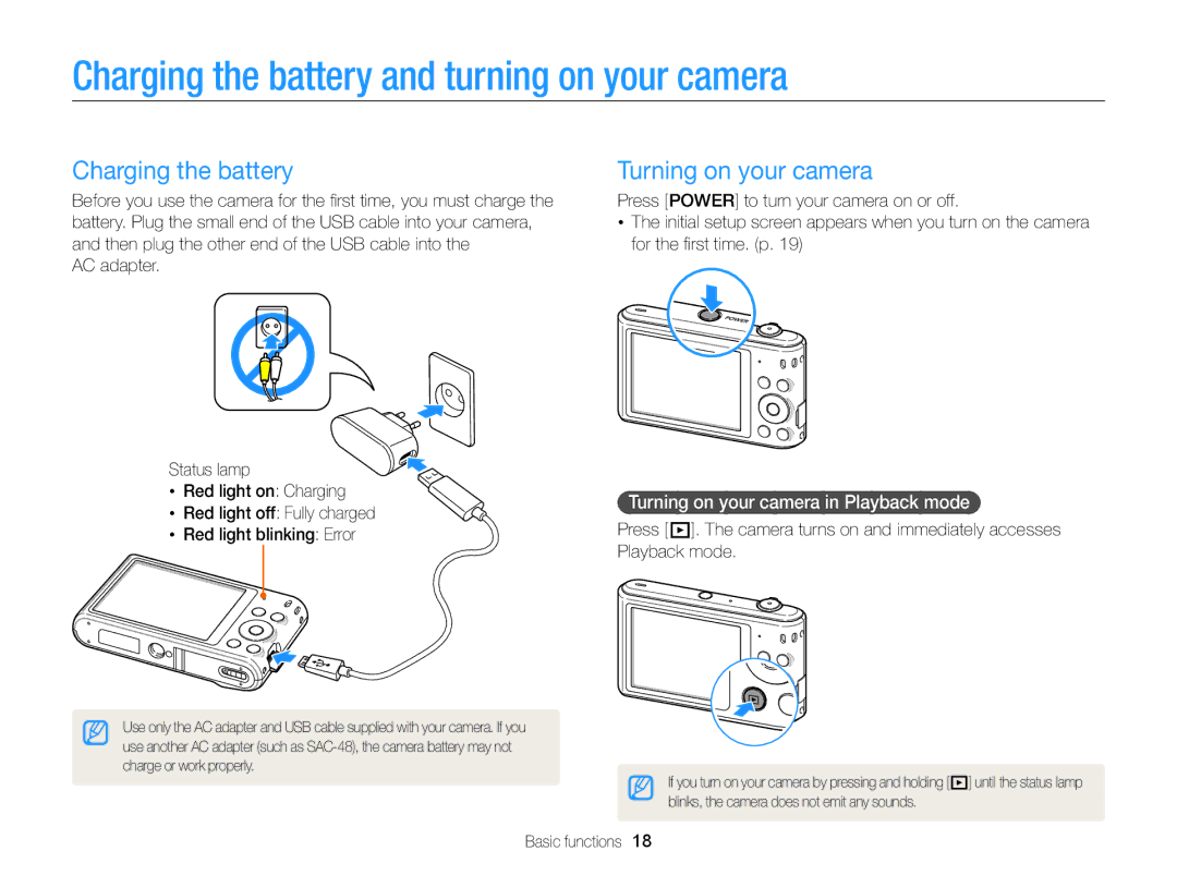 Samsung EC-ST66ZZFPRIL, EC-ST66ZZFPRFR manual Charging the battery and turning on your camera, Turning on your camera 