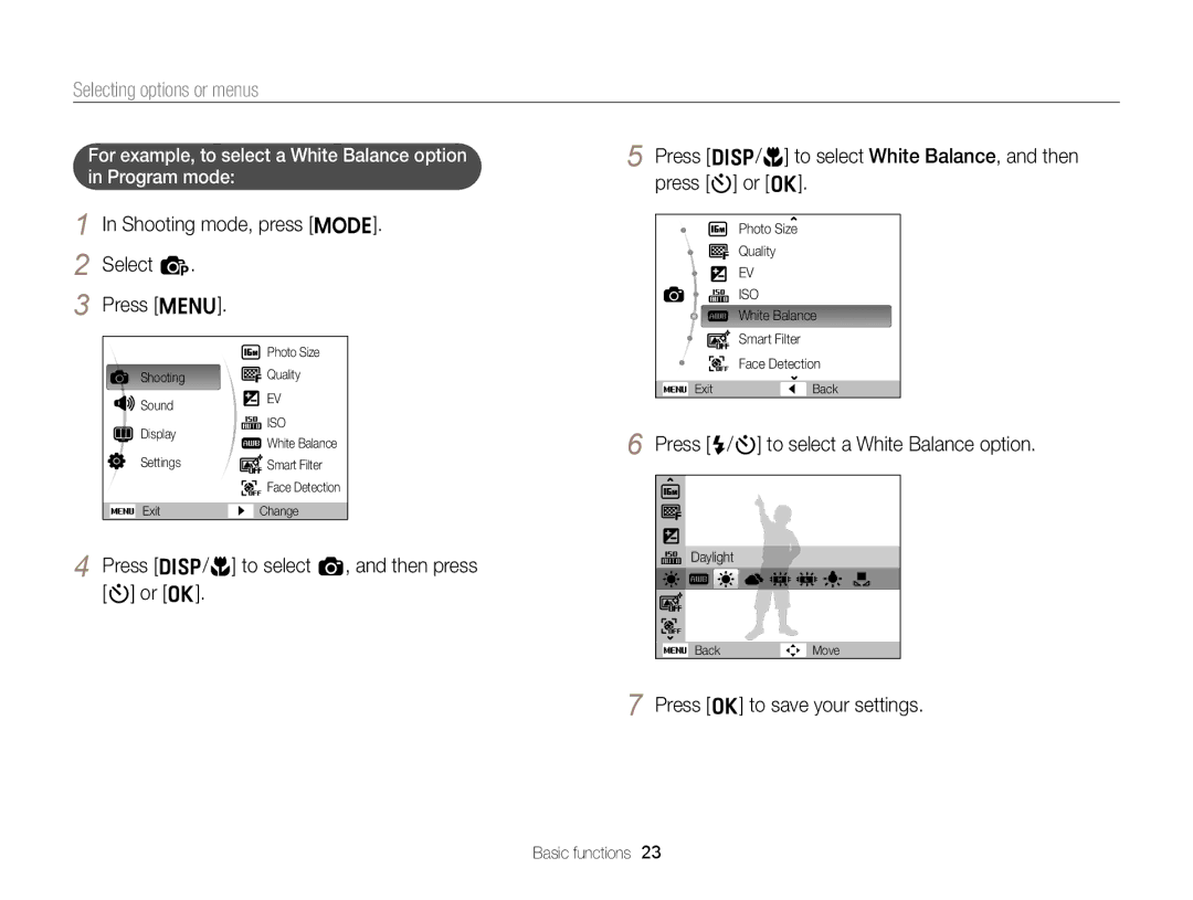 Samsung EC-ST76ZZFPSE1 Selecting options or menus, Shooting mode, press M Select p Press m, Press o to save your settings 