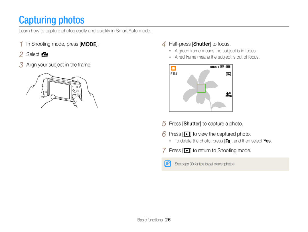 Samsung EC-ST76ZZFPRE1, EC-ST66ZZFPRFR manual Capturing photos, Shooting mode, press M Select S Half-press Shutter to focus 