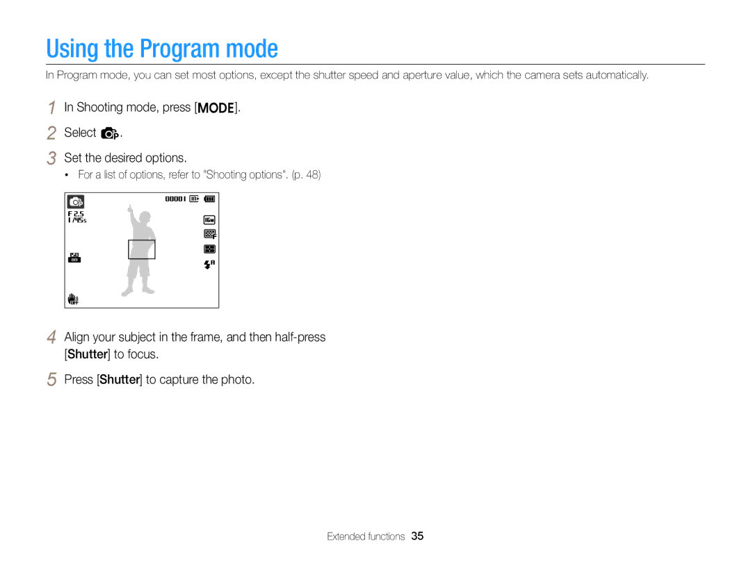 Samsung EC-ST66ZZHPPME, EC-ST66ZZFPRFR Using the Program mode, Shooting mode, press M Select p Set the desired options 