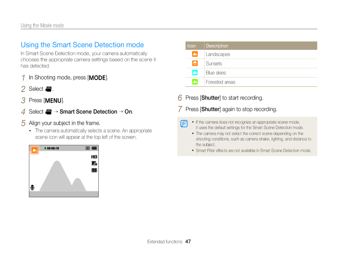 Samsung EC-ST76ZZDDSME, EC-ST66ZZFPRFR Using the Smart Scene Detection mode, Press Shutter to start recording, Landscapes 