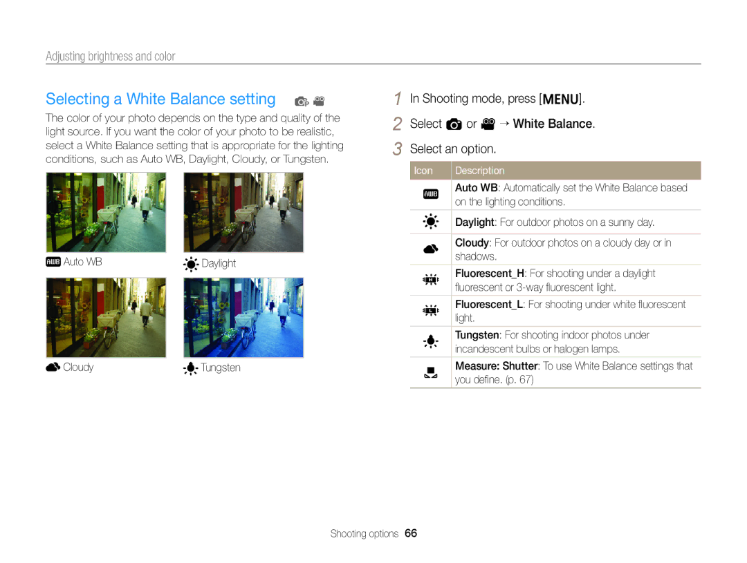Samsung EC-ST76ZZBPSRU, EC-ST66ZZFPRFR, EC-ST76ZZBPBE1 manual Selecting a White Balance setting p, Auto WB Daylight Cloudy 