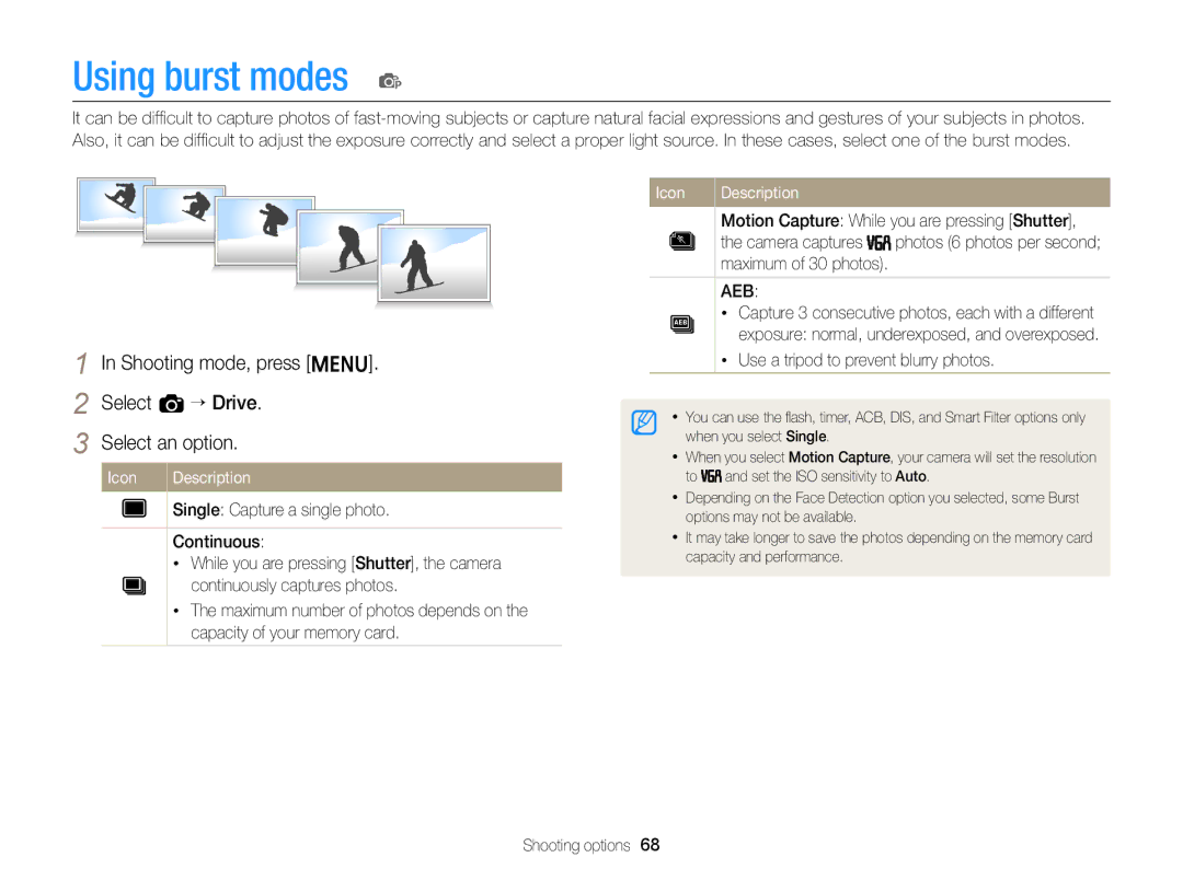 Samsung EC-ST76ZZHDSZA Using burst modes p, Shooting mode, press m Select a “ Drive Select an option, Camera captures 