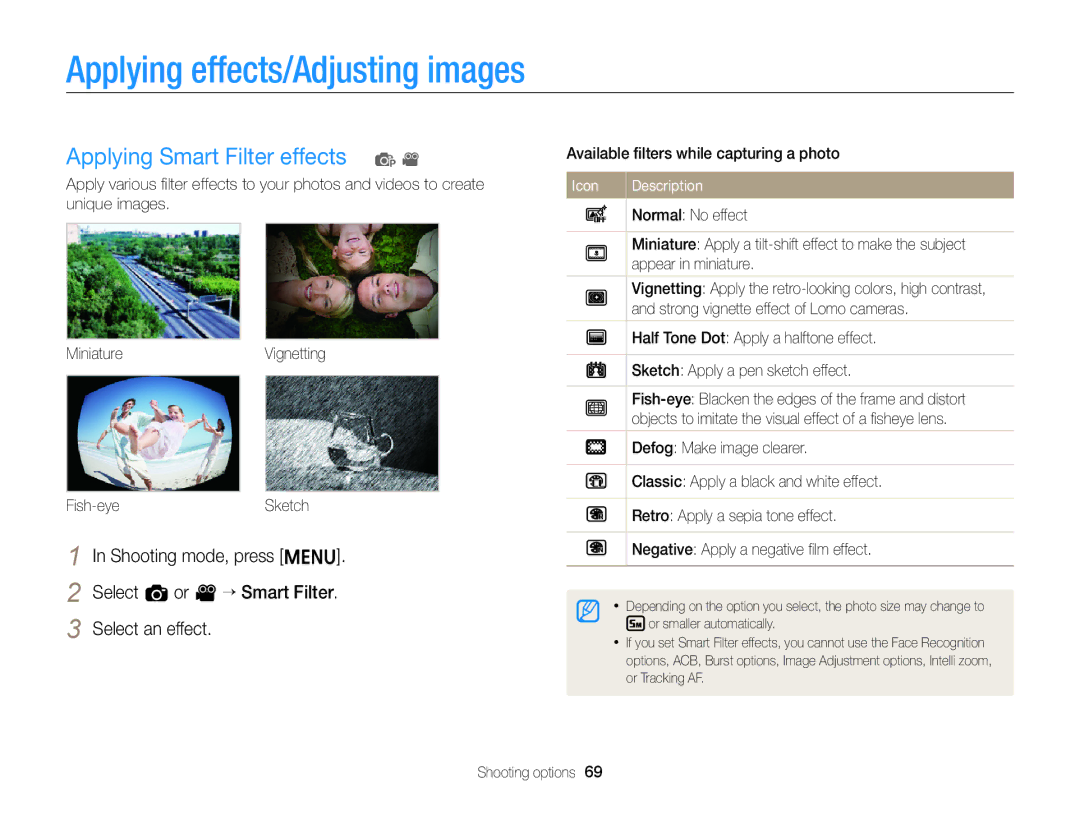 Samsung EC-ST76ZZHPBME, EC-ST66ZZFPRFR, EC-ST76ZZBPBE1 Applying effects/Adjusting images, Applying Smart Filter effects p 