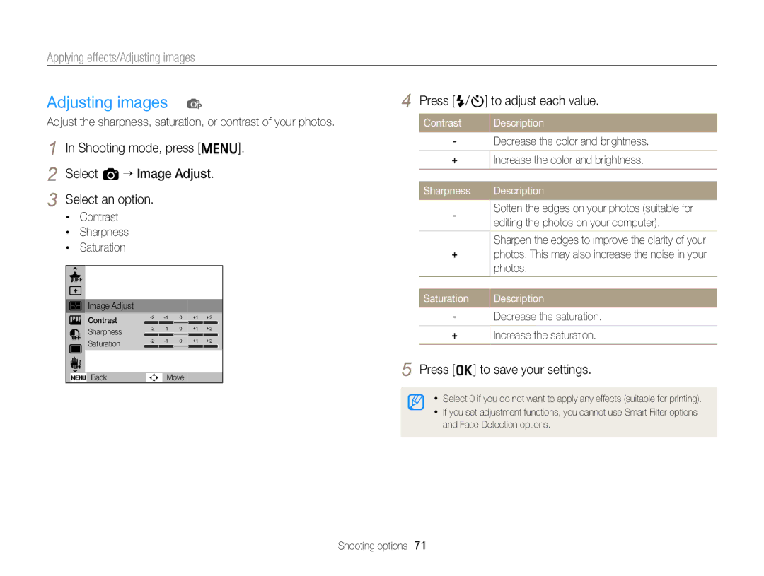 Samsung EC-ST68ZZDPUIR, EC-ST66ZZFPRFR manual Press F/t to adjust each value, Contrast, Sharpness Description, Saturation 