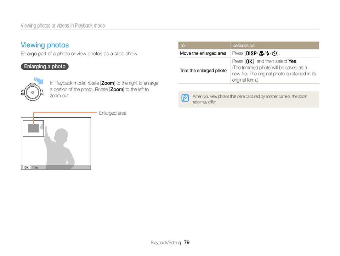 Samsung EC-ST76ZZDPSIR manual Viewing photos, Enlarging a photo, Enlarge part of a photo or view photos as a slide show 