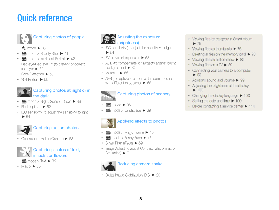 Samsung EC-ST66ZZFPSE1, EC-ST66ZZFPRFR, EC-ST76ZZBPBE1, EC-ST66ZZFPBFR manual Quick reference, Capturing photos of people 