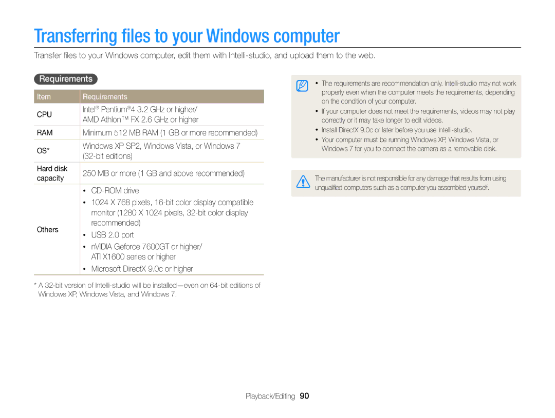 Samsung EC-ST68ZZHPSIR, EC-ST66ZZFPRFR, EC-ST76ZZBPBE1 manual Transferring ﬁles to your Windows computer, Requirements 