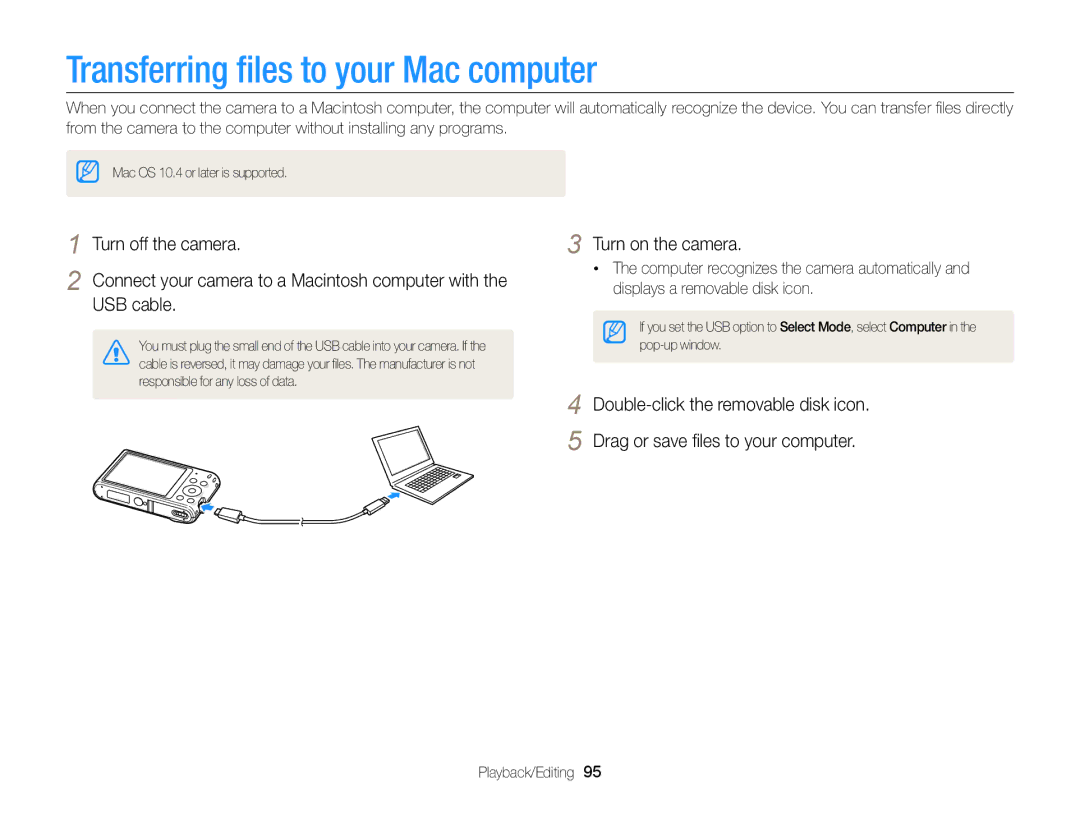 Samsung EC-ST76ZZBPBAE, EC-ST66ZZFPRFR, EC-ST76ZZBPBE1, EC-ST66ZZFPBFR, EC-ST66ZZBPSE1 Transferring ﬁles to your Mac computer 