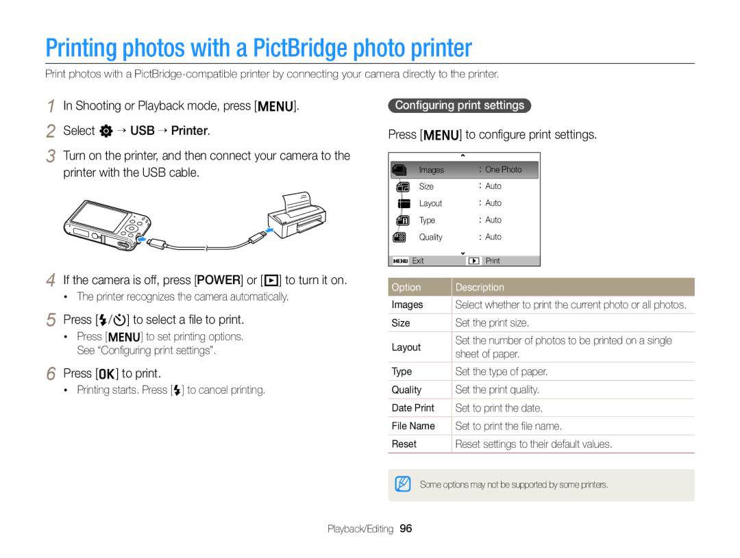 Samsung EC-ST76ZZDDBME, EC-ST66ZZFPRFR Printing photos with a PictBridge photo printer, Press F/t to select a ﬁle to print 