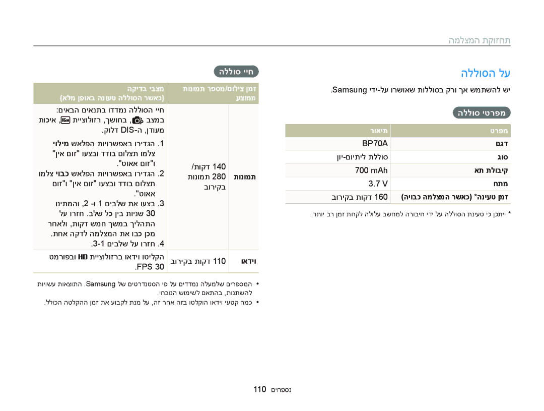 Samsung EC-ST66ZZBPBAE, EC-ST66ZZFPSIL, EC-ST66ZZFPRIL, EC-ST66ZZFPBIL manual הללוסה לע, הללוס ייח, הללוס יטרפמ, רואית טרפמ 