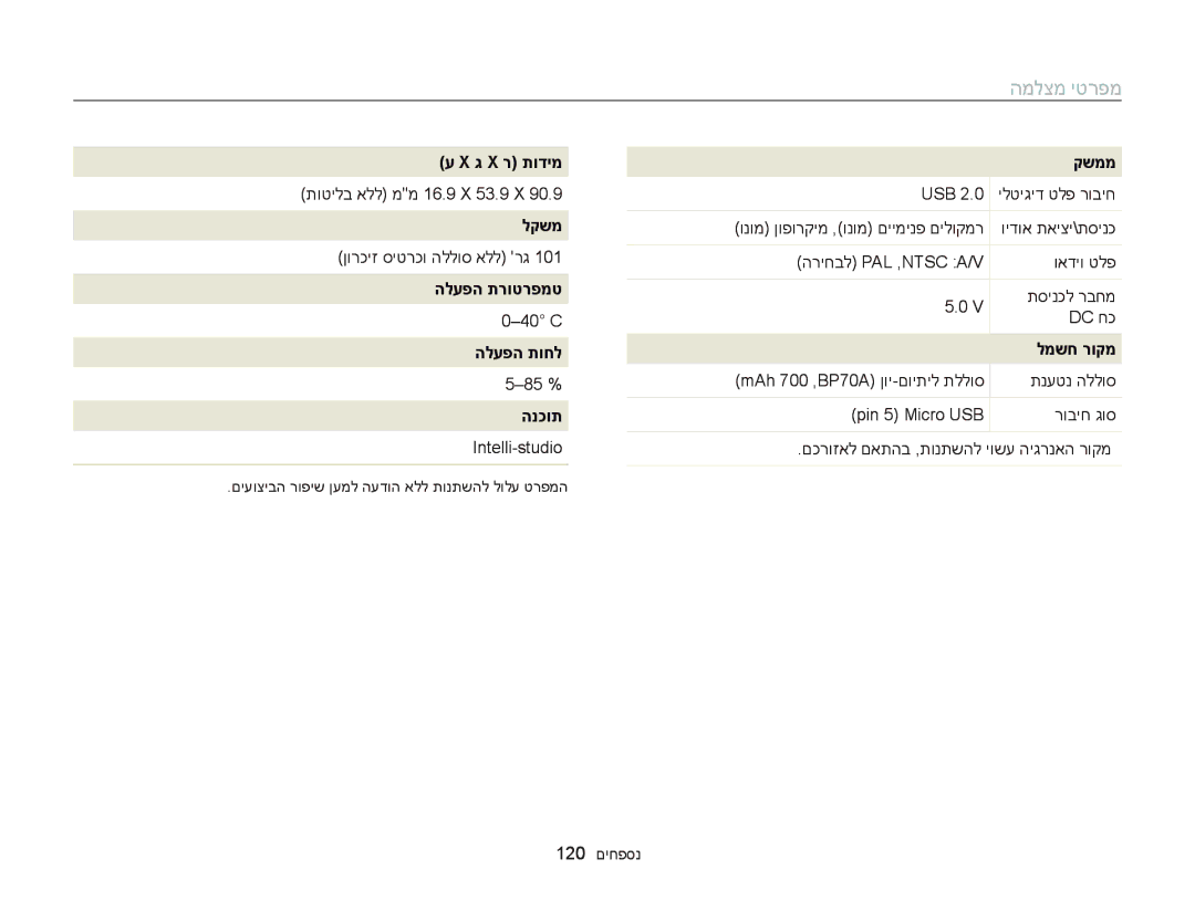 Samsung EC-ST66ZZFPSAE, EC-ST66ZZFPSIL manual ג X ר תודימ, לקשמ, הלעפה תרוטרפמט, הלעפה תוחל, הנכות, קשממ, למשח רוקמ 