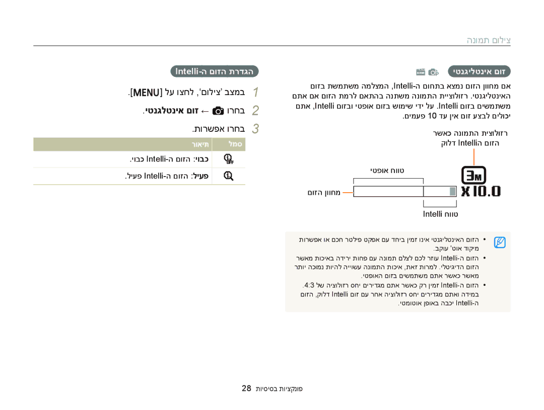 Samsung EC-ST66ZZBPBIL, EC-ST66ZZFPSIL manual יטנגלטניא םוז ← a ורחב, תורשפא ורחב, Intelli-ה םוזה תרדגה, יטנגילטניא םוז 