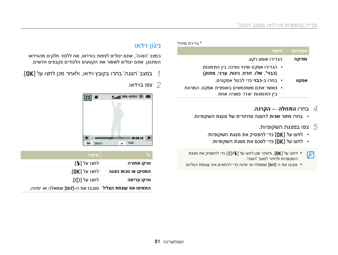 Samsung EC-ST66ZZFPBIL manual ואדיו ןוגינ, לע וצחל ןכמ רחאלו ,ואדיו ץבוקב ורחב ‘הגצה’ בצמב ואדיוב ופצ, הנרקה ← הלחתה ורחב 