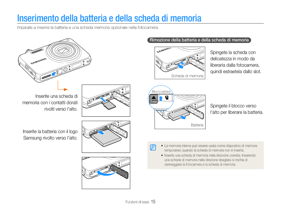 Samsung EC-ST67ZZBPRE1, EC-ST67ZZBPUE1, EC-ST65ZZBPSE1, EC-ST65ZZBPUE1 Inserimento della batteria e della scheda di memoria 