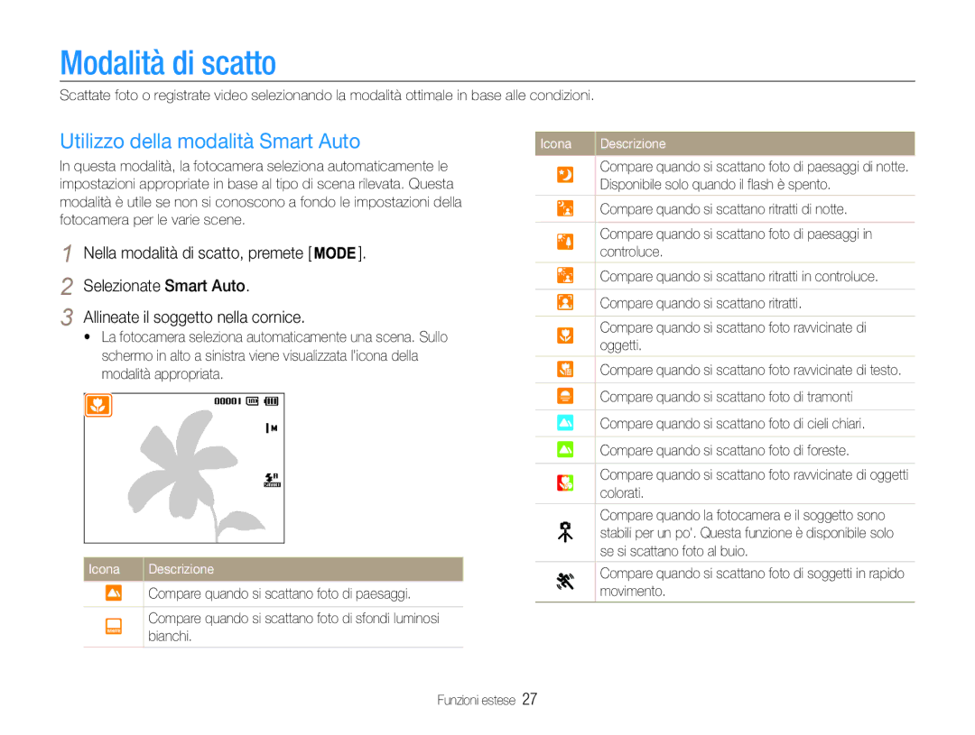 Samsung EC-ST67ZZBPUE1, EC-ST65ZZBPSE1, EC-ST67ZZBPRE1 manual Modalità di scatto, Utilizzo della modalità Smart Auto, Bianchi 