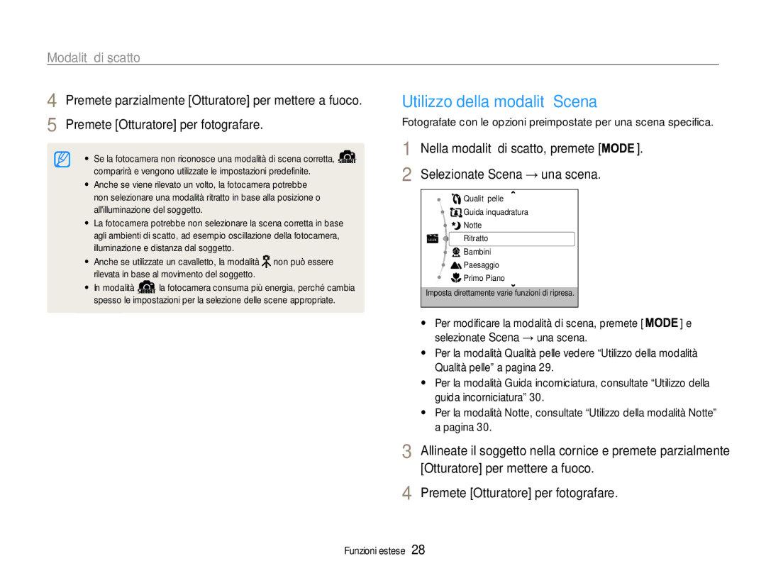 Samsung EC-ST65ZZBPSE1, EC-ST67ZZBPUE1, EC-ST67ZZBPRE1, EC-ST65ZZBPUE1 Utilizzo della modalità Scena, Modalità di scatto 