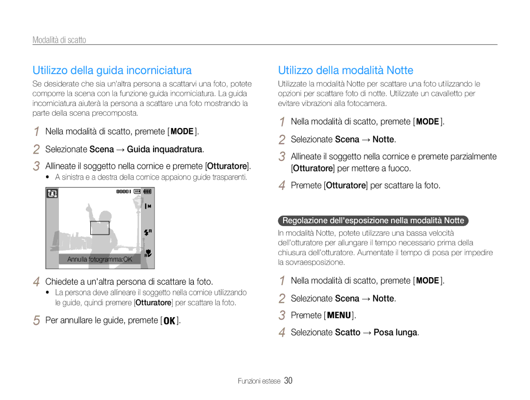 Samsung EC-ST65ZZBPUE1 manual Utilizzo della guida incorniciatura, Utilizzo della modalità Notte, Selezionate Scena → Notte 