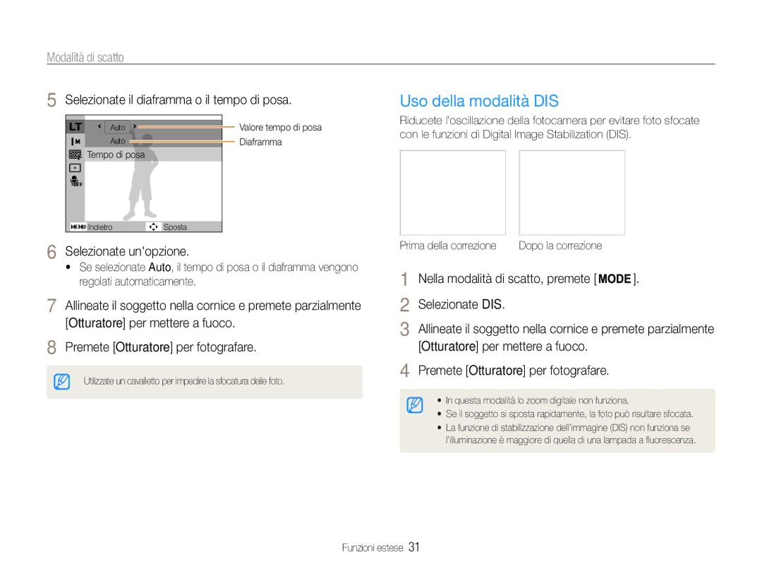 Samsung EC-ST67ZZBPBE1 manual Uso della modalità DIS, Selezionate il diaframma o il tempo di posa, Selezionate unopzione 