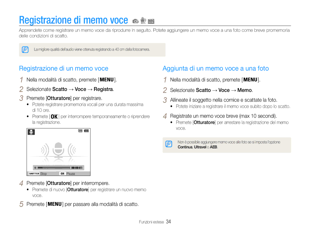 Samsung EC-ST67ZZBPUE1 Registrazione di memo voce, Registrazione di un memo voce, Aggiunta di un memo voce a una foto 