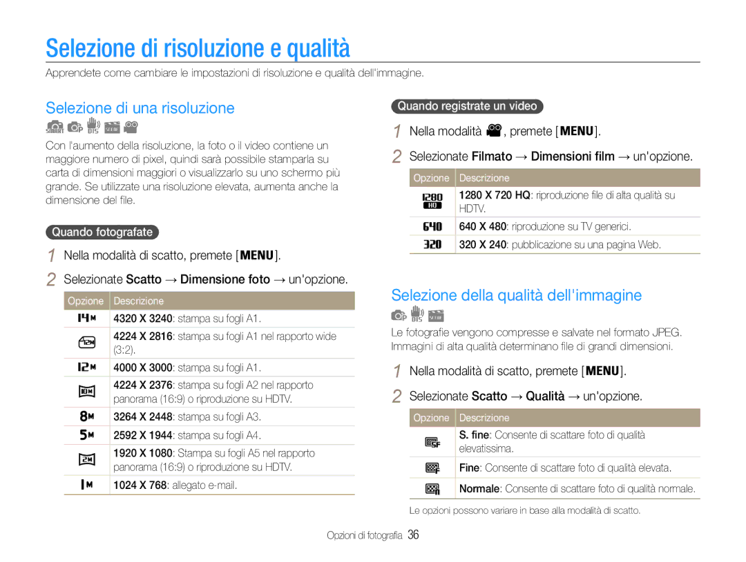 Samsung EC-ST67ZZBPRE1 manual Selezione di risoluzione e qualità, Selezione di una risoluzione, Nella modalità Premete 