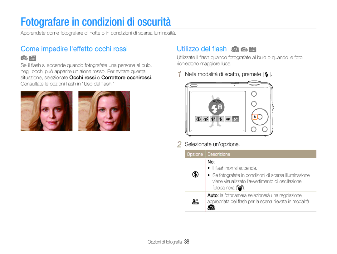 Samsung EC-ST67ZZBPBE1 manual Fotografare in condizioni di oscurità, Come impedire leffetto occhi rossi, Utilizzo del flash 