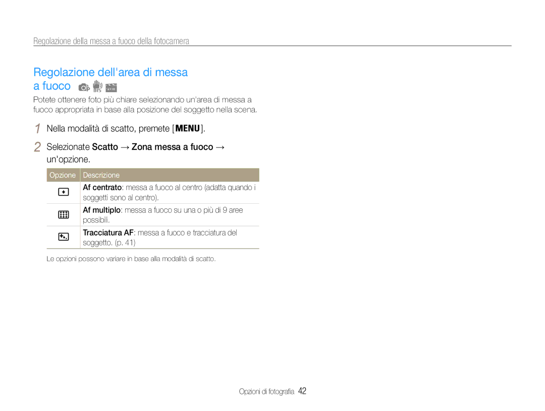 Samsung EC-ST65ZZBPSE1, EC-ST67ZZBPUE1, EC-ST67ZZBPRE1, EC-ST65ZZBPUE1 manual Regolazione dellarea di messa a fuoco, Unopzione 