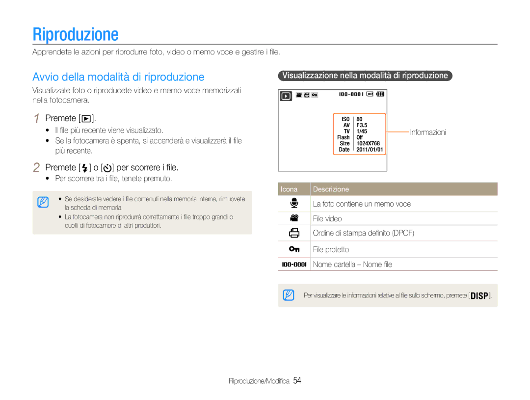 Samsung EC-ST67ZZBPSE1, EC-ST67ZZBPUE1 Riproduzione, Avvio della modalità di riproduzione, Premete o per scorrere i file 