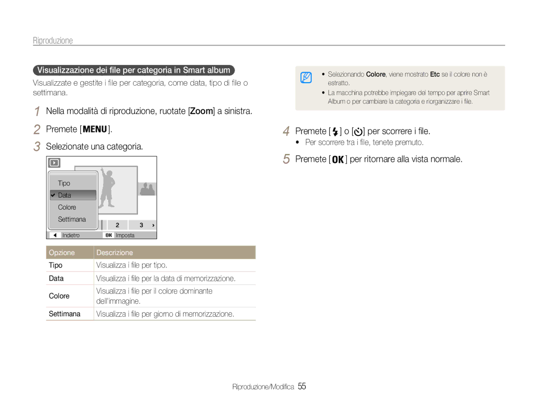 Samsung EC-ST67ZZBPUE1 manual Riproduzione, Premete Selezionate una categoria, Tipo Visualizza i file per tipo Data 