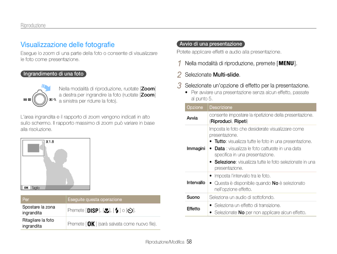 Samsung EC-ST65ZZBPUE1 manual Visualizzazione delle fotografie, Selezionate Multi-slide, Ingrandimento di una foto 