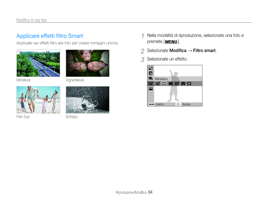 Samsung EC-ST67ZZBPRE1, EC-ST67ZZBPUE1, EC-ST65ZZBPSE1 manual Applicare effetti filtro Smart, Miniatura Vignettatura 