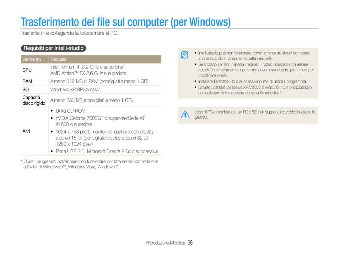 Samsung EC-ST67ZZBPSE1 Trasferimento dei file sul computer per Windows, Requisiti per Intelli-studio, Elemento Requisiti 