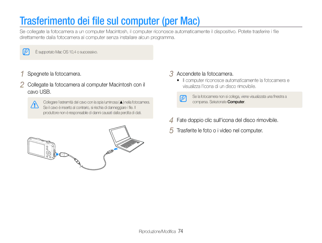 Samsung EC-ST65ZZBPBE1, EC-ST67ZZBPUE1, EC-ST65ZZBPSE1, EC-ST67ZZBPRE1 manual Trasferimento dei file sul computer per Mac 