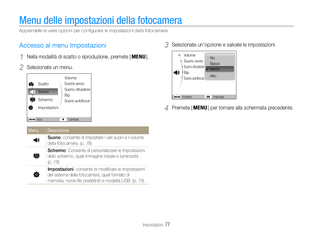 Samsung EC-ST65ZZBPSE1 manual Menu delle impostazioni della fotocamera, Accesso al menu Impostazioni, Selezionate un menu 