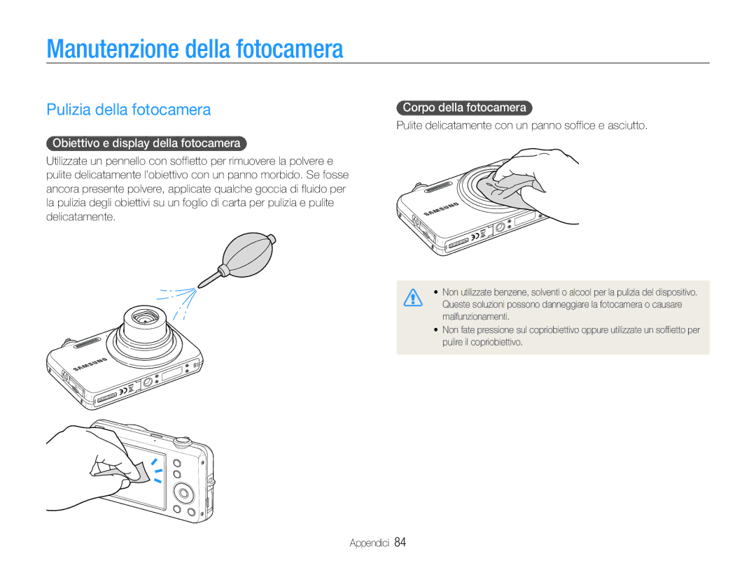 Samsung EC-ST65ZZBPSE1 manual Manutenzione della fotocamera, Pulizia della fotocamera, Obiettivo e display della fotocamera 