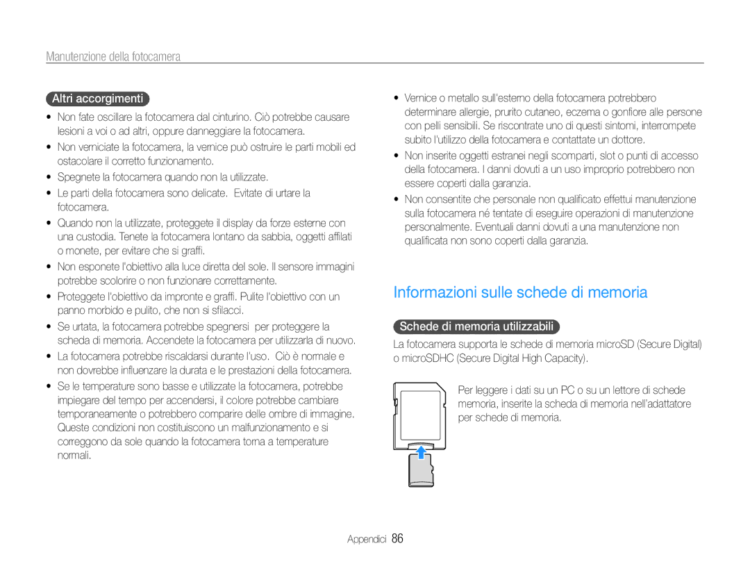 Samsung EC-ST65ZZBPUE1 manual Informazioni sulle schede di memoria, Altri accorgimenti, Schede di memoria utilizzabili 