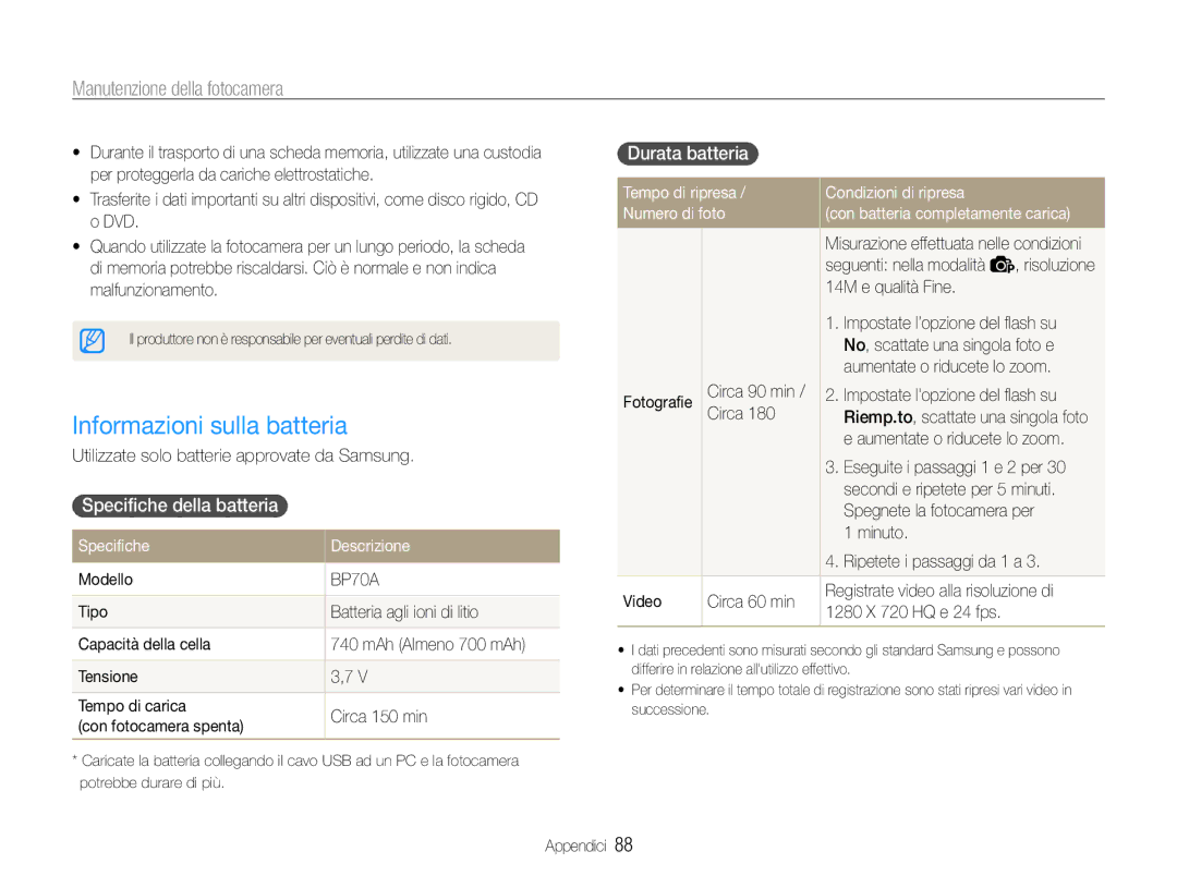 Samsung EC-ST65ZZBPBE1 Informazioni sulla batteria, Specifiche della batteria, Durata batteria, Specifiche Descrizione 