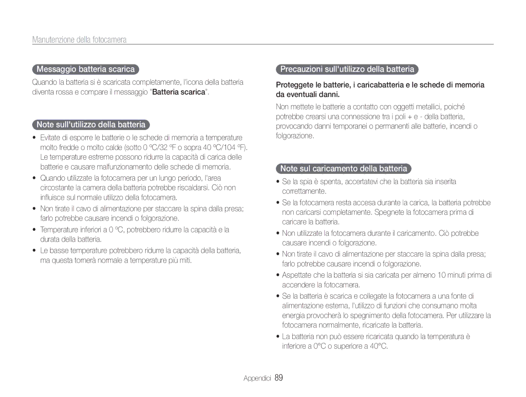 Samsung EC-ST67ZZBPSE1, EC-ST67ZZBPUE1, EC-ST65ZZBPSE1 Messaggio batteria scarica, Precauzioni sullutilizzo della batteria 