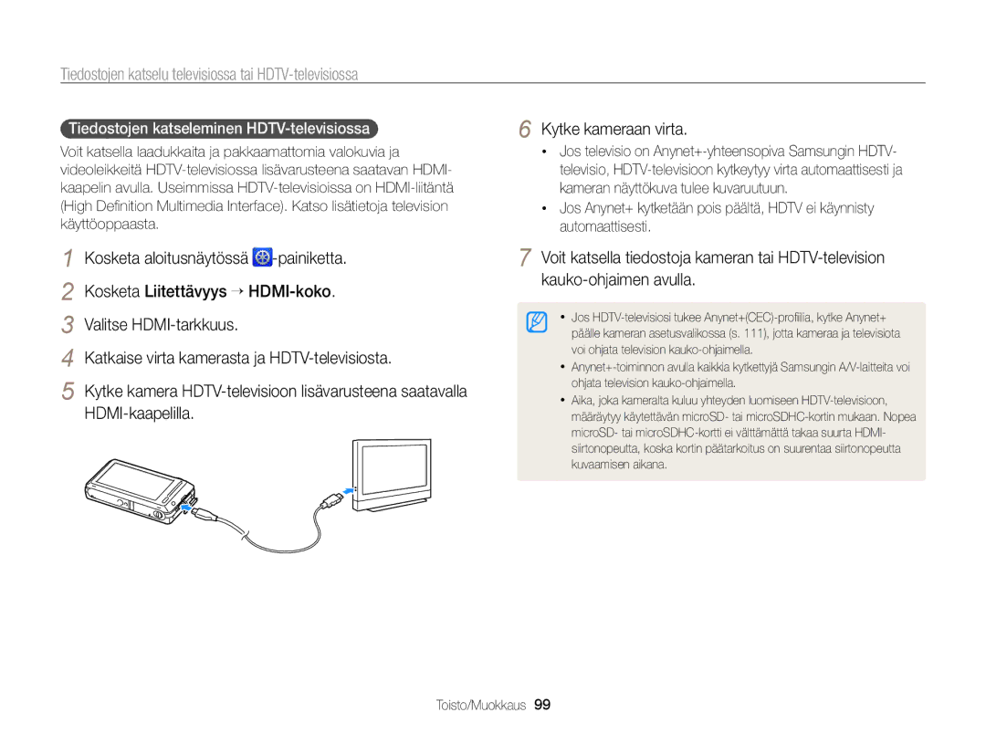 Samsung EC-ST700ZBPBE2, EC-ST700ZBPSE2 manual Tiedostojen katselu televisiossa tai HDTV-televisiossa 