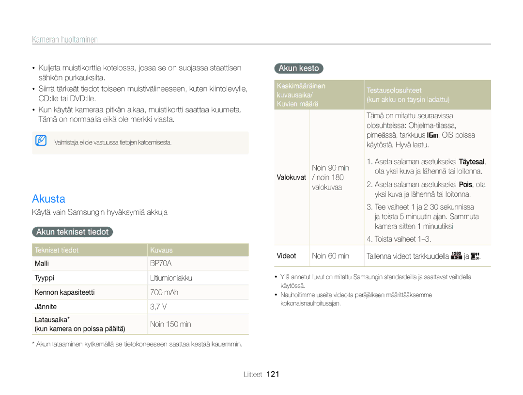 Samsung EC-ST700ZBPBE2, EC-ST700ZBPSE2 manual Akusta, Akun tekniset tiedot, Akun kesto 