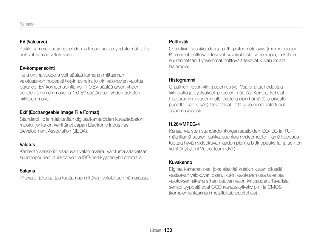 Samsung EC-ST700ZBPBE2, EC-ST700ZBPSE2 manual Sanasto 