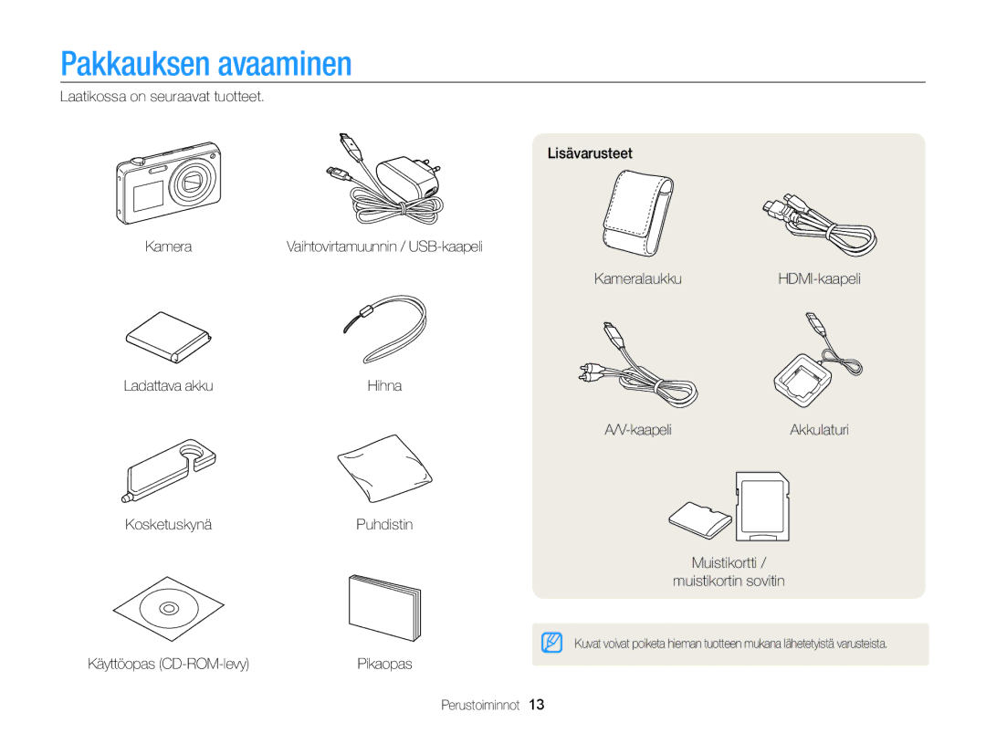 Samsung EC-ST700ZBPBE2, EC-ST700ZBPSE2 manual Pakkauksen avaaminen 